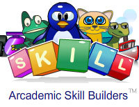 Skill spelled in blocks with Cartoon creatures. Academic Skill Builders. 